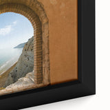 Extra large framed canvas of a textured Sicilian landscape in black with colorful accents, ideal for living room decor.
