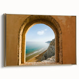 Framed canvas featuring a vintage-style landscape painting of Sicilian scenery, with muted gold and black tones.
