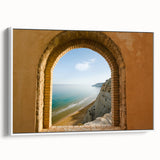Vintage poster art of a Sicilian landscape on framed canvas, showcasing vibrant colors, ideal for living room decor.