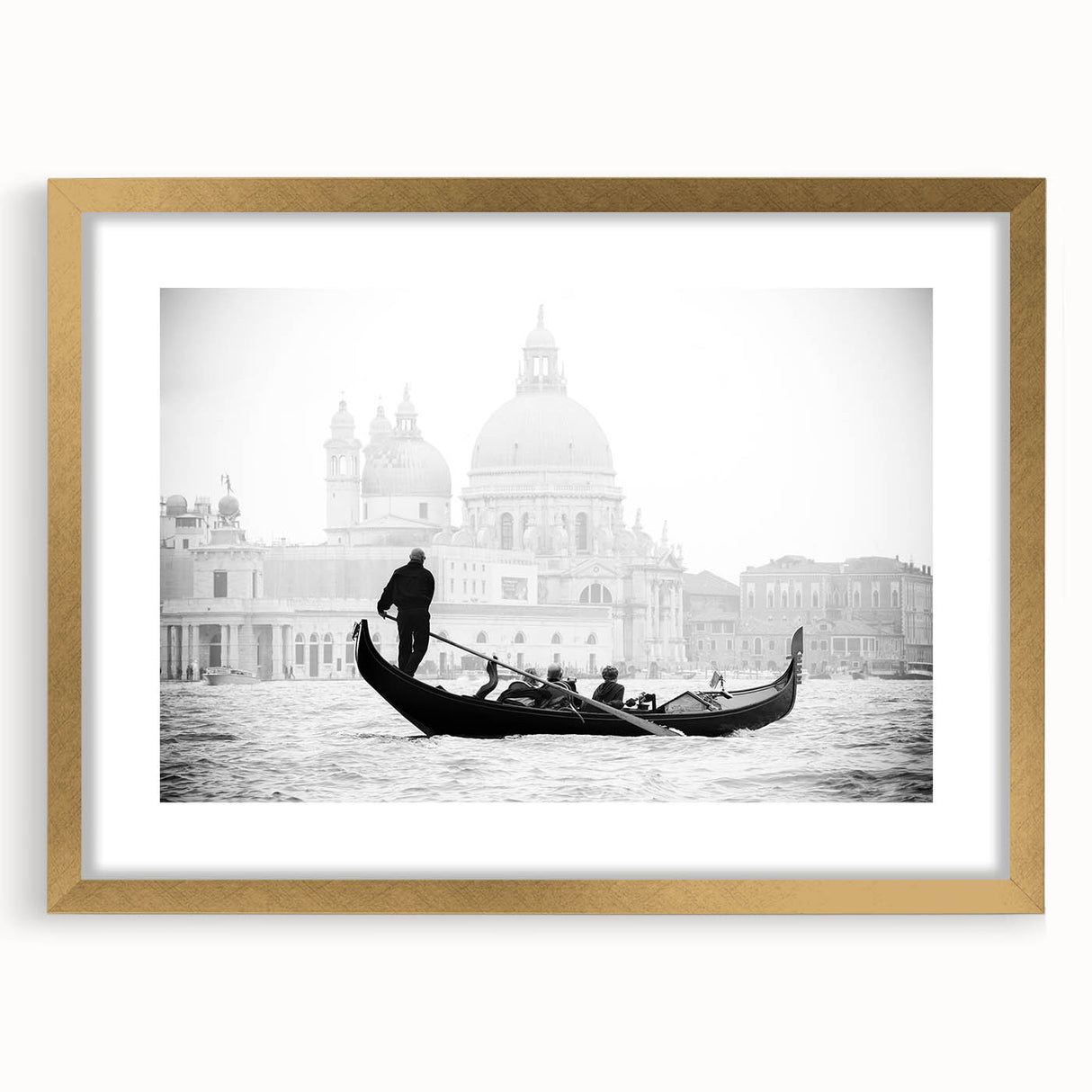 Abstract art print of Venice scenery in muted gold and blue tones, framed with a mat, ideal for dining room decor.