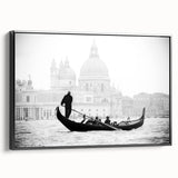 Black and white framed canvas of Venice landscape, ideal for bedroom wall art in a vintage poster style.