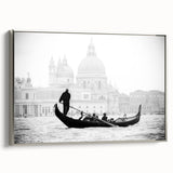 Framed canvas of a vintage Venice landscape with colorful buildings and black gondolas, ideal for living room decor.