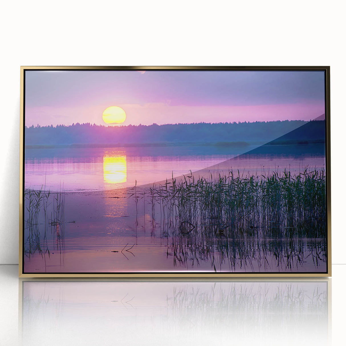 Art deco poster featuring a serene Latvian landscape in gold and green hues, acrylic print framed.
