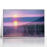 Mid-century modernist art depicting a serene Latvian landscape, in muted earth tones on a white framed acrylic.