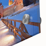 Mid-century modernist acrylic print of an abstract European scenery in muted earth tones, ideal for dining room art.