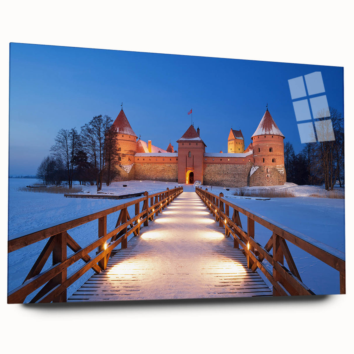 Large abstract wall art of a European scenery in muted green and blue tones, acrylic print.