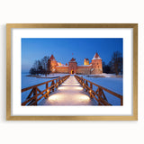 Abstract art print of a European Lithuanian landscape in muted earth tones, framed in gold, ideal for dining room decor.
