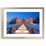 Extra large abstract art print of a European scenery in muted earth tones, framed in silver, ideal for living room decor.