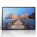 Large abstract wall art depicting a European Lithuanian landscape in muted green and blue tones, framed in black acrylic.