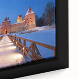 Close-up of a black framed canvas featuring a textured, colorful European scenery, ideal for living room decor.