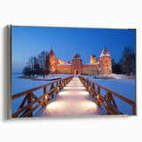 Framed canvas of a vintage-style landscape painting depicting a Lithuanian scenery in muted earth tones.