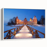 Vintage poster art of a European scenery, framed canvas in white, suitable for living room decor.