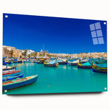 Acrylic glass print of Malta scenery with blue and white tones, ideal for dining room decor.