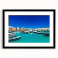 Colorful abstract art print of a European scenery in Malta, framed in black with a mat, ideal for living room decor.