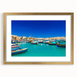 Abstract art print of a European Malta scenery in gold frame with mat, suitable for bedroom or dining room decor.