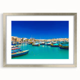 Extra large abstract art print of a textured Malta scenery in muted earth tones, framed with a silver mat.