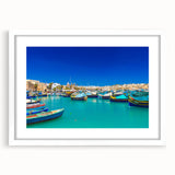 Textured abstract art print of a European Malta scenery in muted earth tones, framed with a white mat.