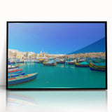 Large abstract wall art of a European Malta scenery in muted earth tones, acrylic print in black frame.