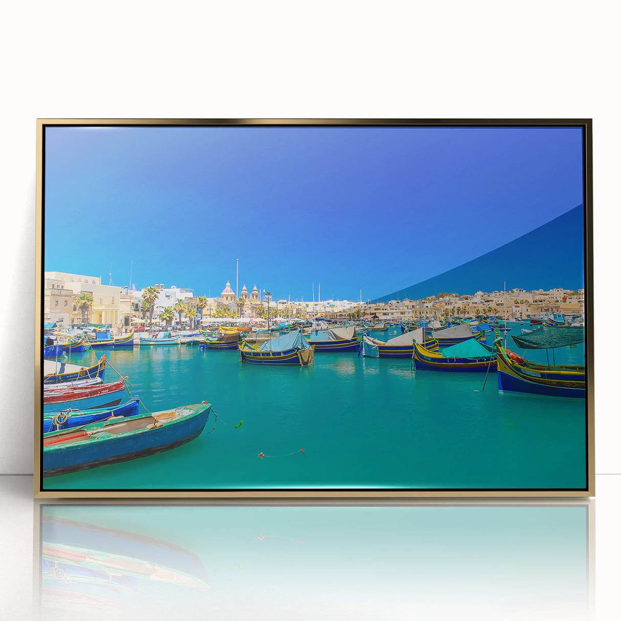Art deco poster of a Malta landscape in gold and blue hues, acrylic framed, suitable for modern art wall decor.