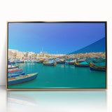 Art deco poster of a Malta landscape in gold and blue hues, acrylic framed, suitable for modern art wall decor.