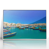 Mid-century modernist art of Malta landscape in muted tones on framed acrylic, suitable for nursery wall art.