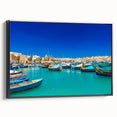 Framed canvas featuring a black and white vintage poster art of a Malta landscape, ideal for bedroom wall decor.