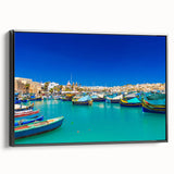 Framed canvas featuring a black and white vintage poster art of a Malta landscape, ideal for bedroom wall decor.