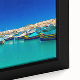 Extra large framed canvas of a textured Malta scenery in vibrant colors, ideal for living room decor.