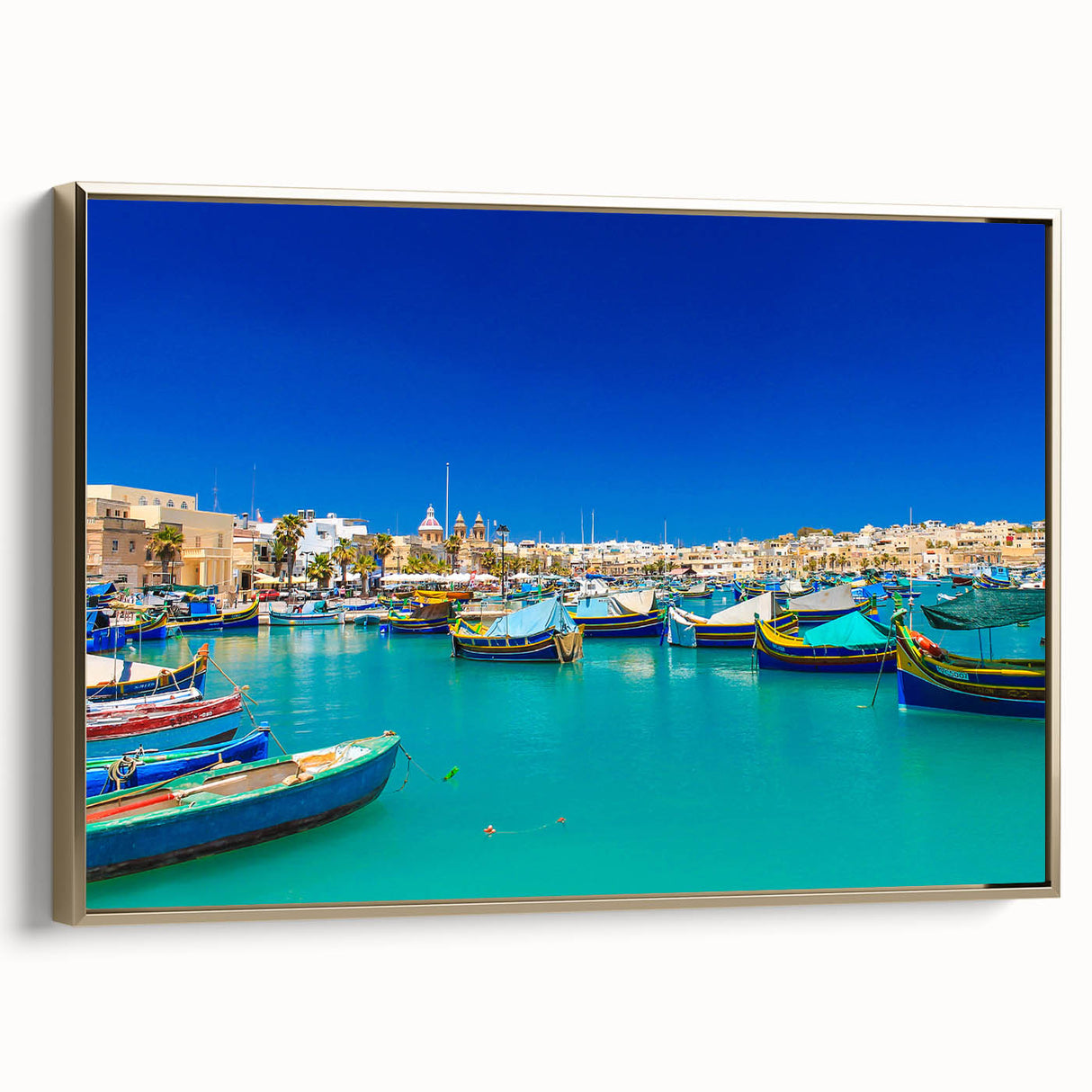 Framed canvas featuring a vintage-style landscape painting of Malta with predominant black and gold tones.