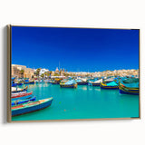 Framed canvas featuring a vintage-style landscape painting of Malta with predominant black and gold tones.