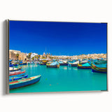 Framed canvas featuring a vintage-style landscape painting of Malta with colorful art elements and a black border.