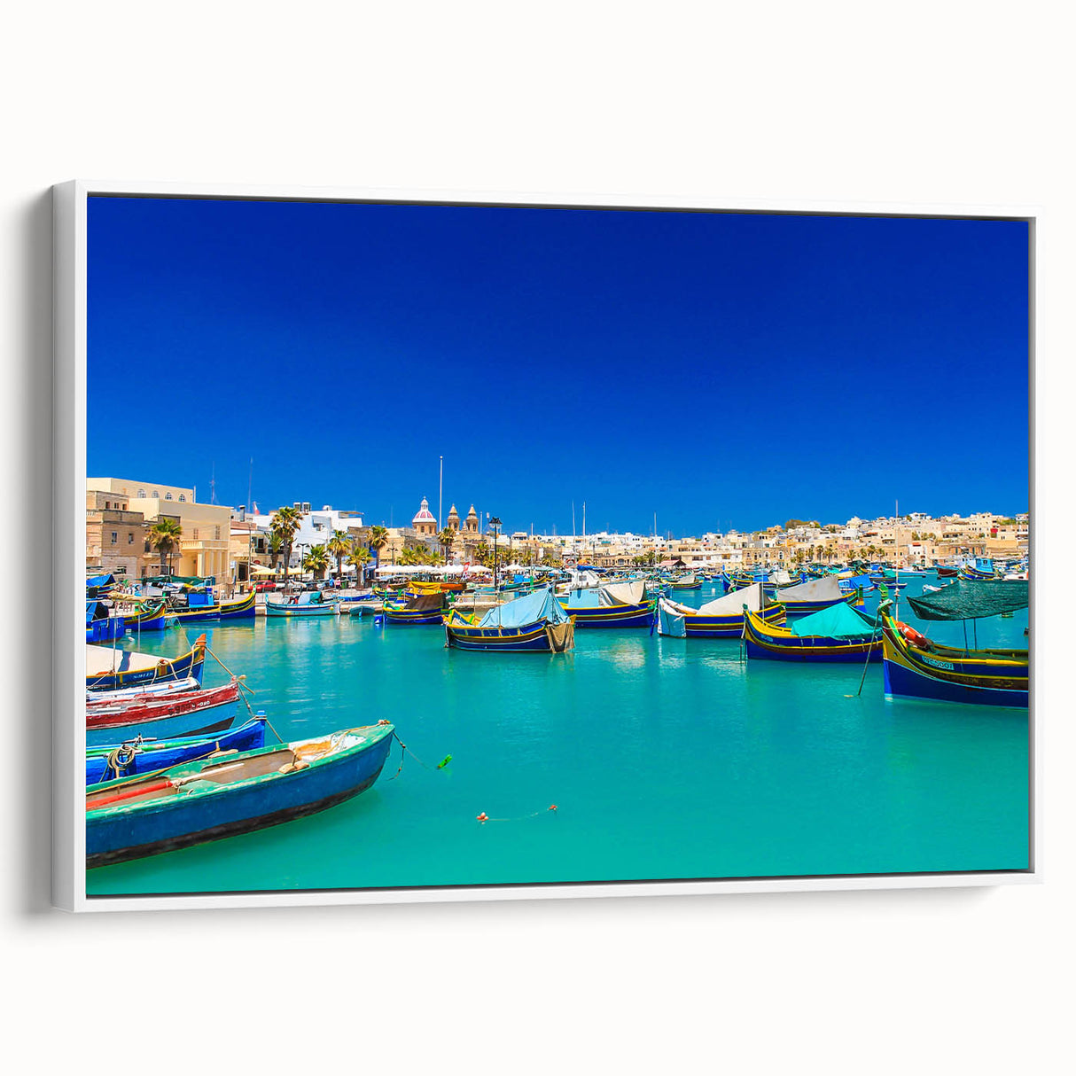 Vintage poster art of a European Malta scenery on a framed canvas, featuring colorful art in extra large size.