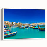 Vintage poster art of a European Malta scenery on a framed canvas, featuring colorful art in extra large size.