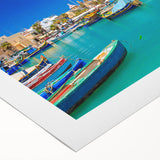 Art deco poster of a European Malta scenery in muted earth tones on rolled canvas, suitable for dining room wall art.