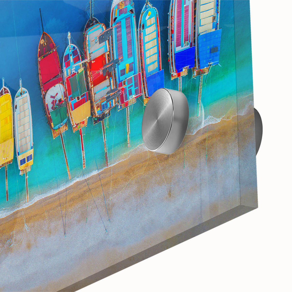 Large abstract wall art of the Mediterranean Sea in muted blue and teal, acrylic glass, ideal for dining room ambiance.