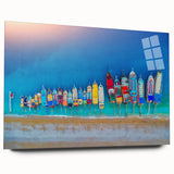 Large abstract wall art of the Mediterranean Sea in muted blue and green tones on acrylic glass.