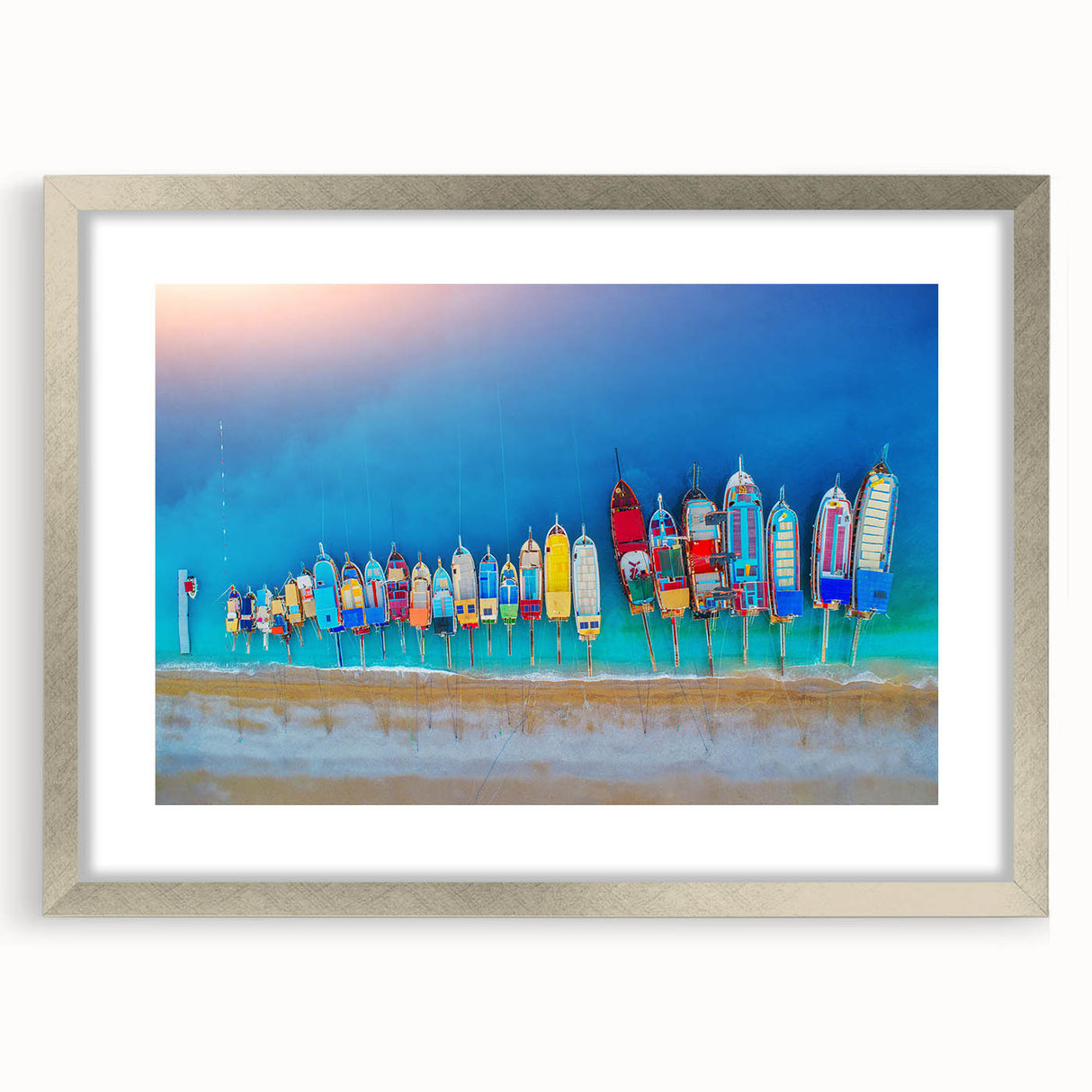Extra large abstract art print depicting the Mediterranean Sea in textured blue and white tones, framed with a silver mat.