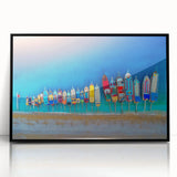 Large abstract wall art depicting the Mediterranean Sea, in muted blue and white tones, framed in black acrylic.