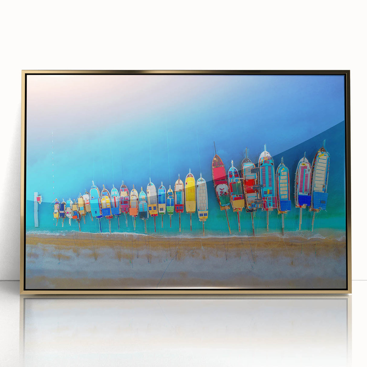 Acrylic print of a Mediterranean Sea landscape in pastel hues, framed in gold, ideal for modern art wall decor.