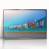 Framed acrylic print of a Mediterranean seaside scene, depicted in mid-century modernist style.