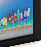 Extra large framed canvas depicting a Mediterranean seascape with textured, colorful art on a black background.