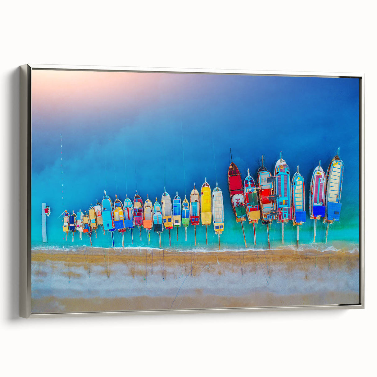 Framed canvas landscape art painting of the Mediterranean Sea with bright blue and white tones, ideal for living room decor.