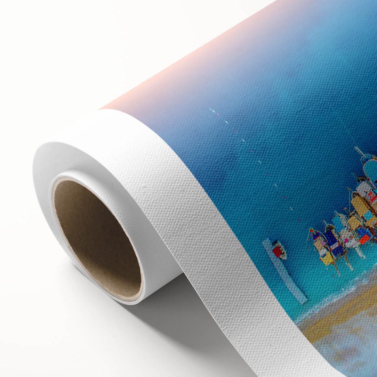 Art deco poster of the Mediterranean Sea in pastel blue and white tones, ideal for nursery wall art, on rolled canvas.