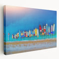 A large stretched canvas depicting a serene Mediterranean seascape with soft blue and white tones.