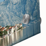 Large abstract wall art of a European Montenegro scenery in muted earth tones on acrylic glass, ideal for dining room art.