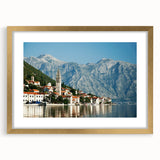 Abstract art print depicting a Montenegro landscape in muted earth tones, framed in gold, suitable for dining room decor.