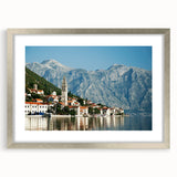 Extra large abstract art print of a textured European scenery in muted earth tones, framed in silver.