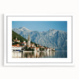 Textured abstract art print of a European landscape in muted earth tones on a white framed mat, ideal for bedroom art.