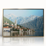 Art deco poster depicting a scenic European landscape in Montenegro with muted gold tones on framed acrylic.