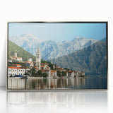 Large art print of a European Montenegro scenery in muted green and blue, framed in silver acrylic.